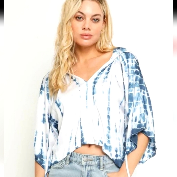 Vici Baja Blue Tie Dye Oversized Crop Top Cropped Hoodie Boho Beach Size Small - Picture 12 of 12
